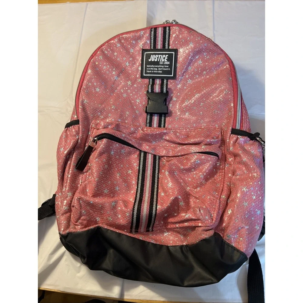 Justice Backpack Pink Silver Pencil Case Pouch Keychain Stars No Lunchbox